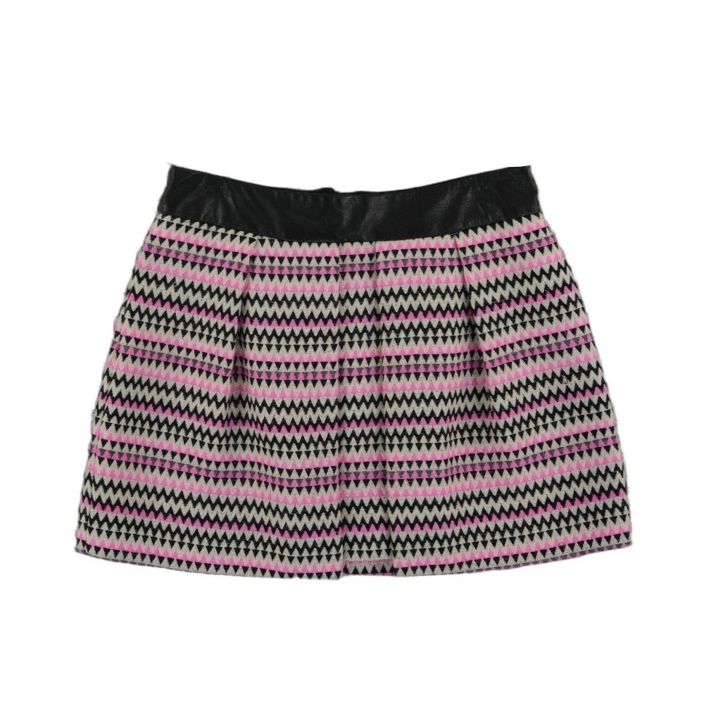 Milly Mini Skirt Women's Size 8 Pink Black Chevron Wool Blend Lamb Leather Flare